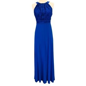 Nightway Electric Blue Lace Yoke Halter Maxi Formal Dress, Size 4 NWT